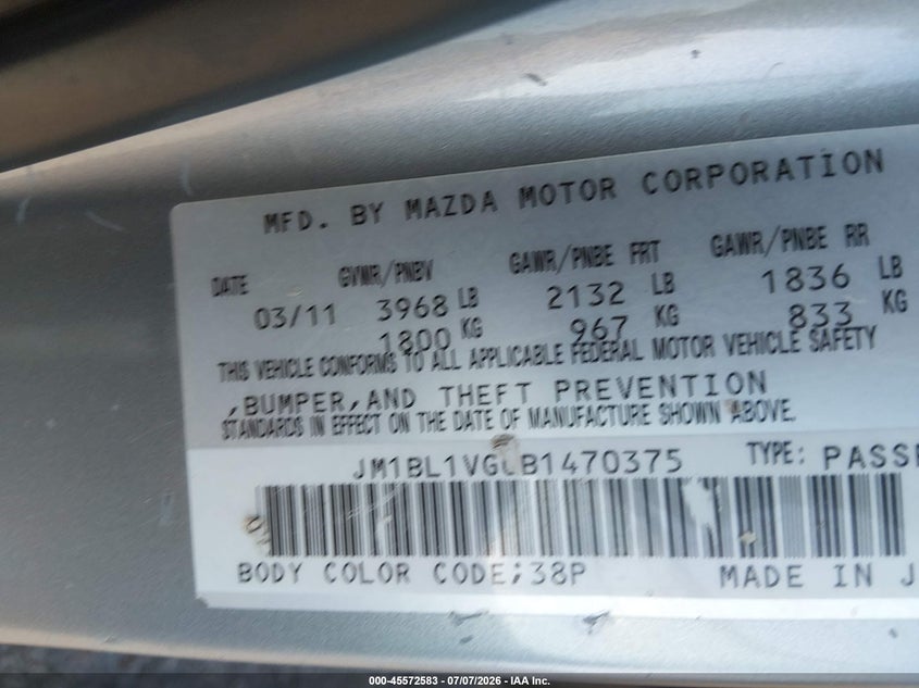 2011 Mazda 3 VIN JM1BL1VG0B1470305 IAAI salvage auction — ALL OVER, Salvage (Idaho), sold $400 on 2026-07-17 (photo 9)