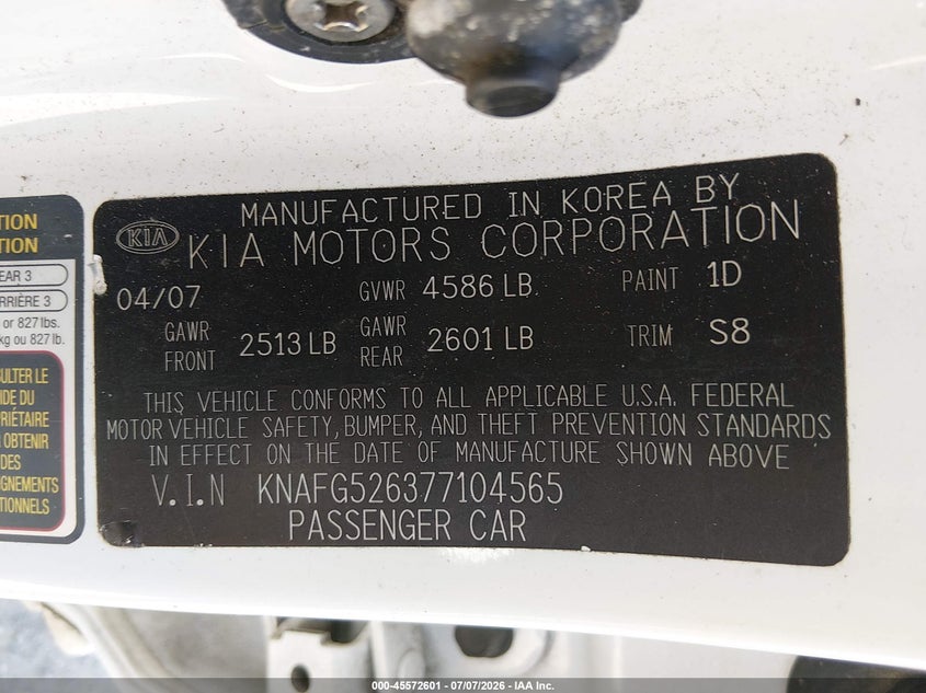 2007 Kia Rondo VIN KNAFG526377104565 IAAI salvage auction — NORMAL WEAR, Clear (Washington), sold $375 on 2026-07-22 (photo 9)