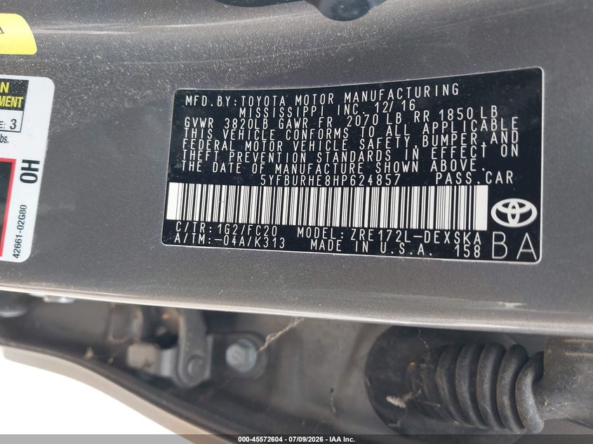 2017 Toyota Corolla VIN 5YFBURHE8HP624857 IAAI salvage auction — FRONT END, Clear (Tennessee), sold $3,600 on 2026-07-28 (photo 9)