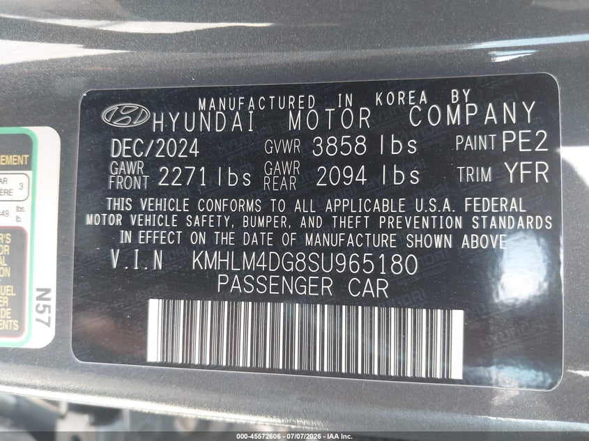 2025 Hyundai Elantra VIN KMHLM4DG8SU965180 IAAI salvage auction — RIGHT FRONT, Original (Texas), sold $6,125 on 2026-07-29 (photo 9)