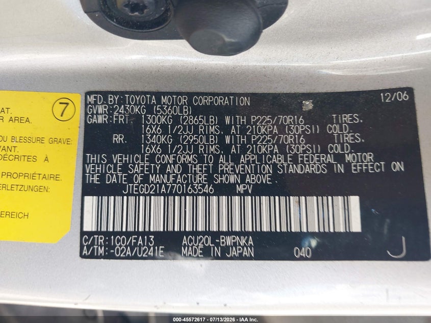 2007 Toyota Highlander VIN JTEGD21A770163546 IAAI salvage auction — NORMAL WEAR, Clear-Dealer Only (Arizona), sold $2,000 on 2026-07-23 (photo 9)