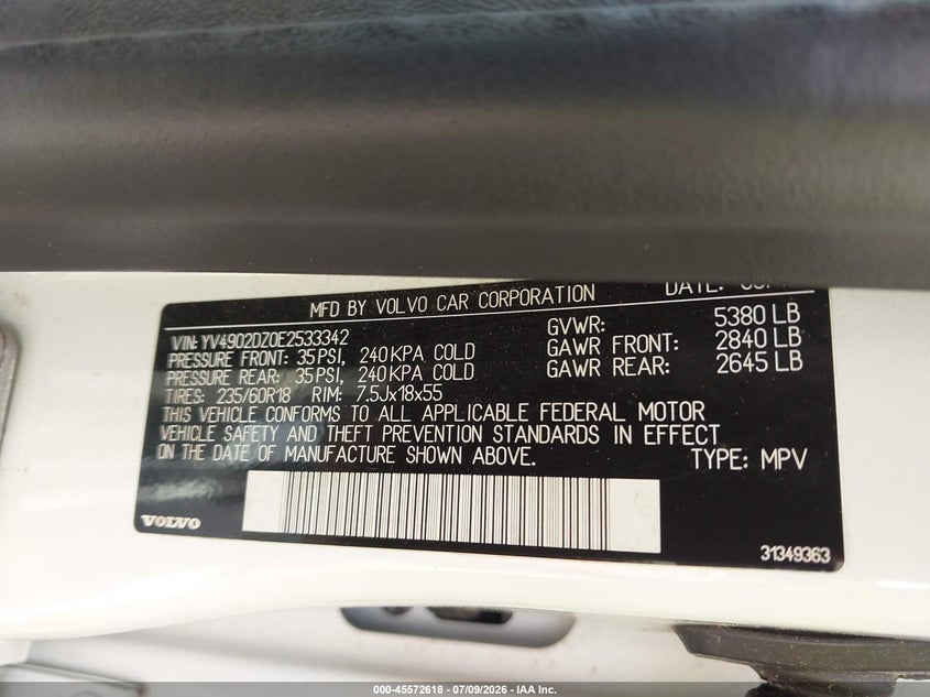 2014 Volvo Xc60 VIN YV4902DZ0E2533342 IAAI salvage auction — REAR END, Clear (Virginia), sold $2,200 on 2026-08-19 (photo 9)