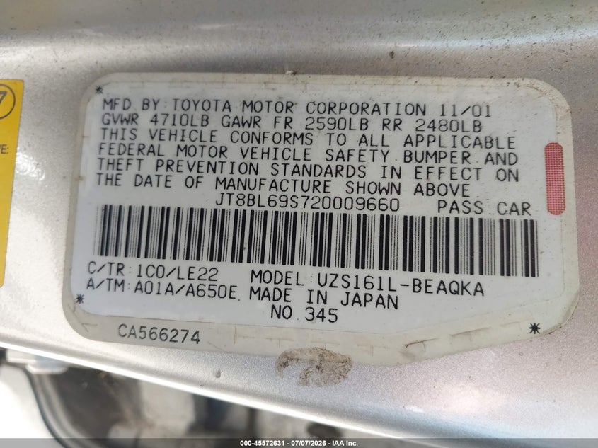 2002 Lexus Gs 430 VIN JT8BL69S720009660 IAAI salvage auction — NORMAL WEAR, Clear - Dealer Only (California), sold $775 on 2026-07-16 (photo 9)