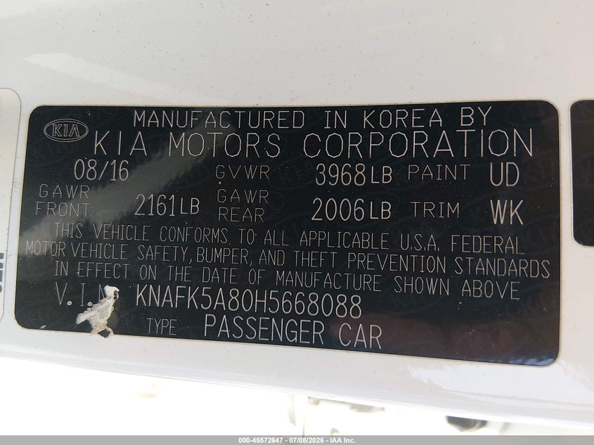 2017 Kia Forte VIN KNAFK5A80H5668088 IAAI salvage auction — RIGHT FRONT, Salvage (California), sold $1,650 on 2026-08-01 (photo 9)