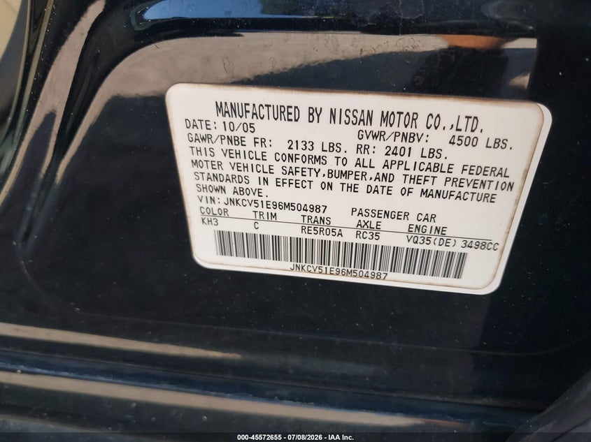 2006 Infiniti G VIN JNKCV51E96M504987 IAAI salvage auction — BIO HAZARD, Rebuildable (Florida), sold $300 on 2026-07-22 (photo 9)