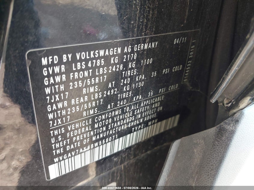 2011 Volkswagen Tiguan VIN WVGAV7AX8BW558071 IAAI salvage auction — SIDE, Salvage (Texas), sold $300 on 2026-08-06 (photo 9)