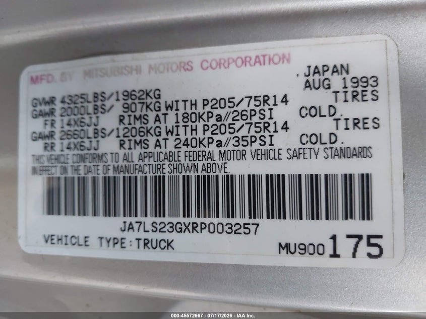 1994 Mitsubishi Mighty max / s VIN JA7LS23GXRP003257 IAAI salvage auction — NORMAL WEAR, Clear (Wyoming), sold $800 on 2026-07-29 (photo 9)