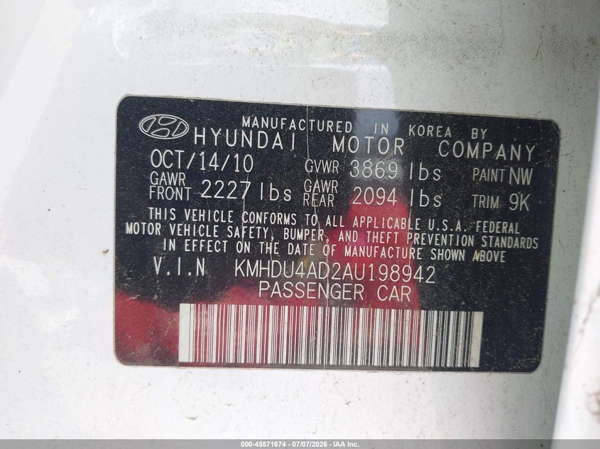 2010 Hyundai Elantra VIN KMHDU4AD2AU198942 IAAI salvage auction — NORMAL WEAR, Clear-Dealer Only (North Carolina), sold $425 on 2026-07-13 (photo 9)