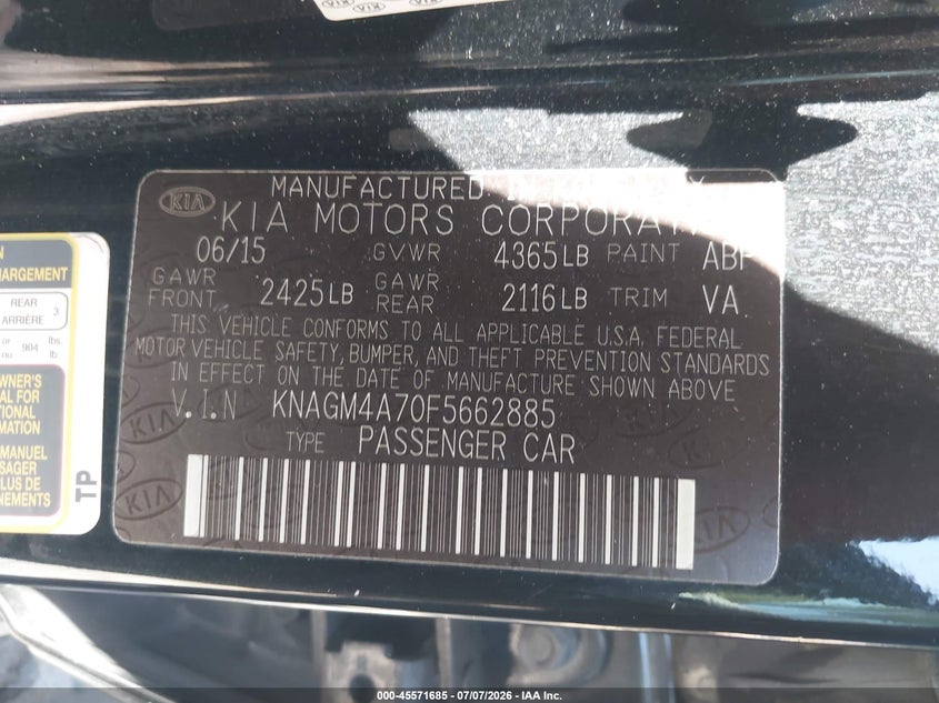 2015 Kia Optima VIN KNAGM4A70F5662885 IAAI salvage auction — REAR END, Salvage Title, sold $450 on 2026-07-15 (photo 9)