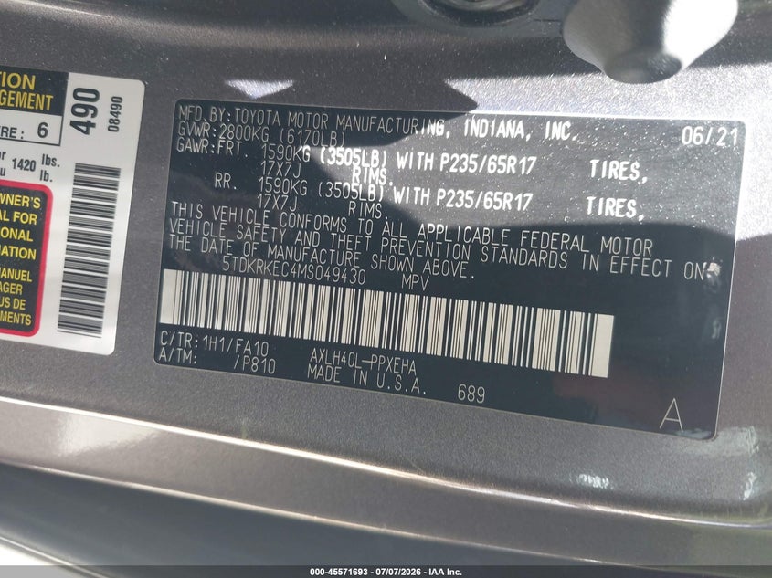 2021 Toyota Sienna VIN 5TDKRKEC4MS049430 IAAI salvage auction — FRONT END, Salvage Title, sold $7,600 on 2026-07-31 (photo 9)