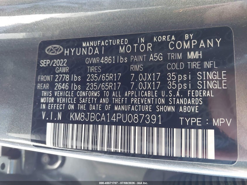 2023 Hyundai Tucson VIN KM8JBCA14PU087391 IAAI salvage auction — STORM DAMAGE, Rebuildable (Florida), sold $4,150 on 2026-07-30 (photo 9)