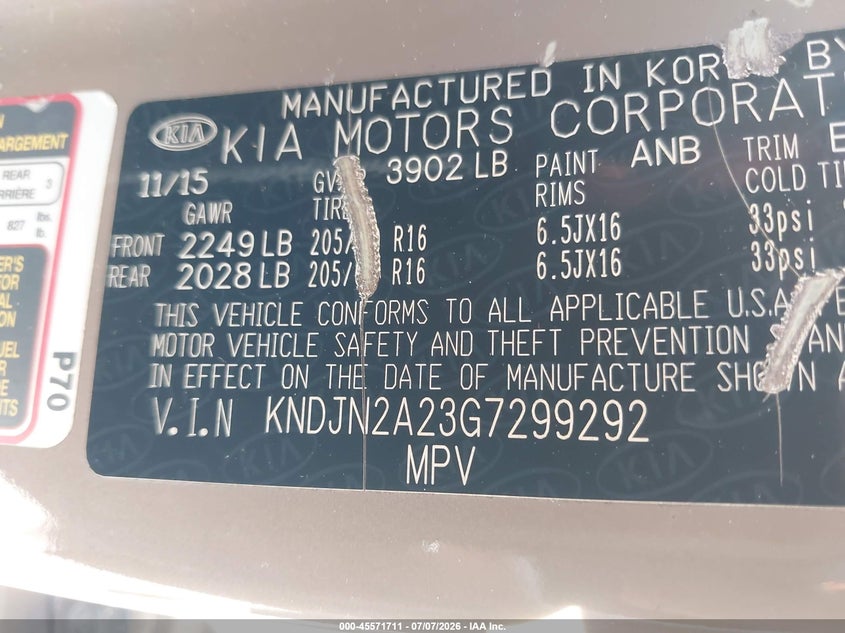 2016 Kia Soul VIN KNDJN2A23G7299292 IAAI salvage auction — NORMAL WEAR, Clear (Florida), sold $650 on 2026-07-28 (photo 9)