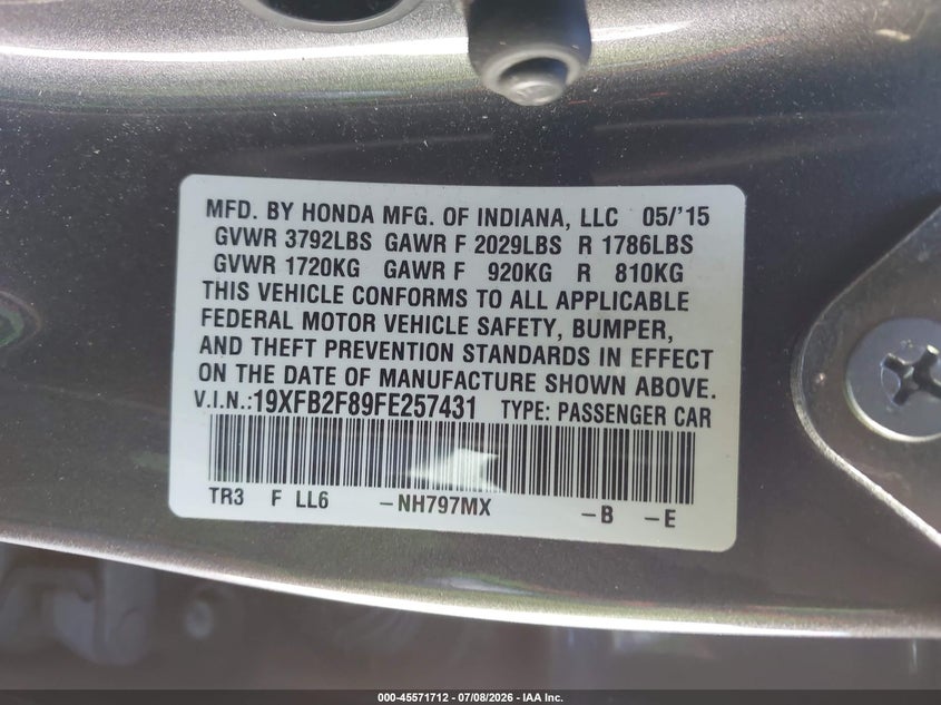 2015 Honda Civic VIN 19XFB2F89FE257431 IAAI salvage auction — REAR END, Salvage (California), sold $2,150 on 2026-07-20 (photo 9)