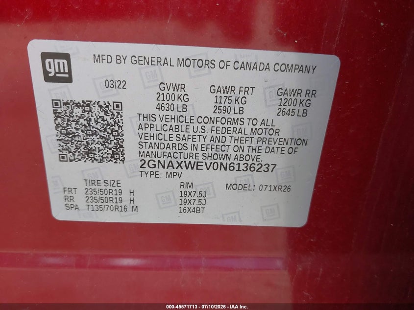 2022 Chevrolet Equinox VIN 2GNAXWEV0N6136237 IAAI salvage auction — LEFT SIDE, Salvage (Massachusetts), sold $8,050 on 2026-08-21 (photo 9)