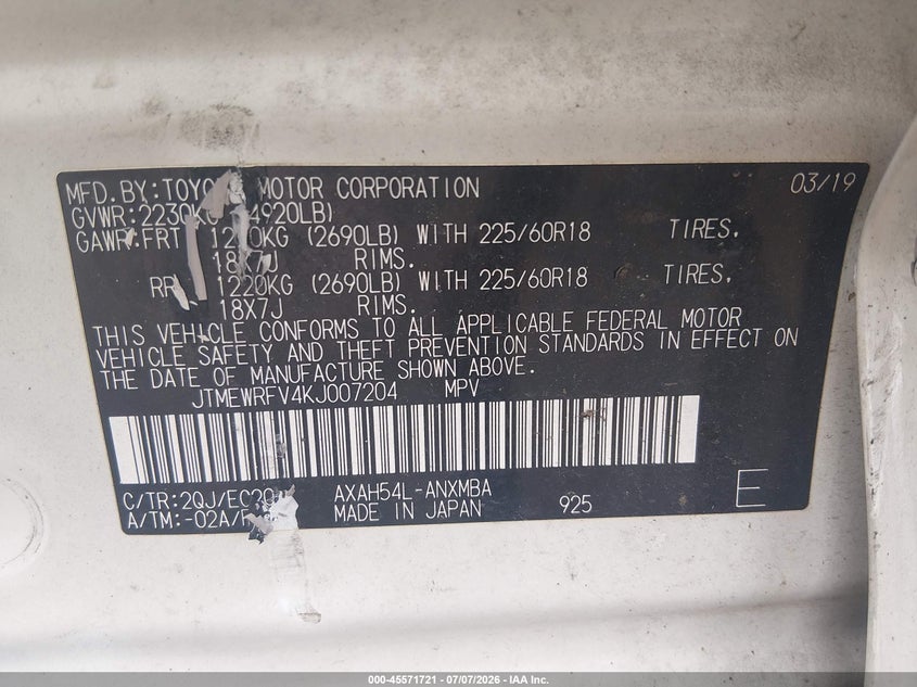2019 Toyota Rav 4 VIN JTMEWRFV4KJ007204 IAAI salvage auction — LEFT FRONT, Salvage Title, sold $10,100 on 2026-08-01 (photo 9)