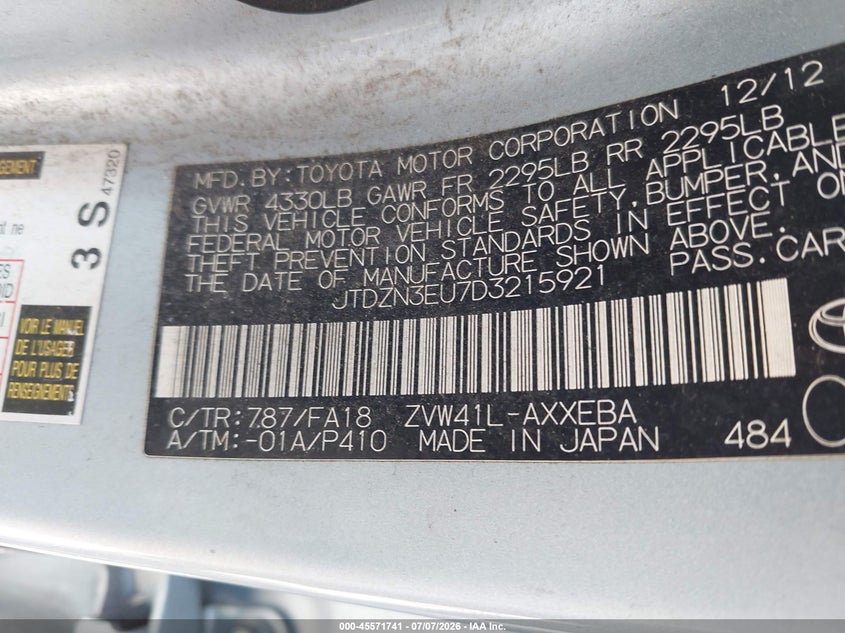 2013 Toyota Prius v VIN JTDZN3EU7D3215921 IAAI salvage auction — NORMAL WEAR, Clear - Dealer Only (California), sold $1,600 on 2026-07-29 (photo 9)