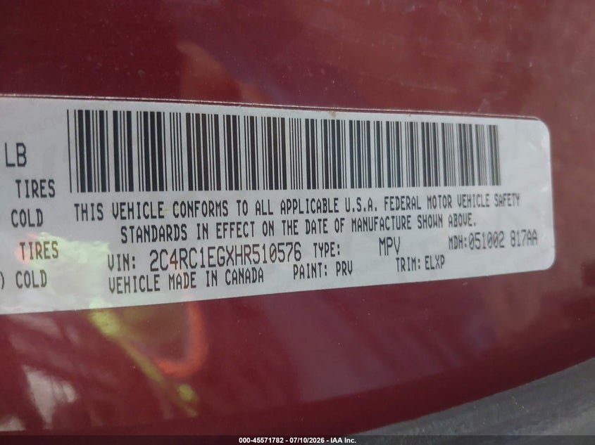 2017 Chrysler Pacifica VIN 2C4RC1EGXHR510576 IAAI salvage auction — RIGHT SIDE, Salvage (Iowa), sold $2,750 on 2026-07-30 (photo 9)