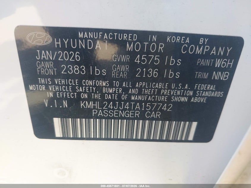 2026 Hyundai Sonata VIN KMHL24JJ4TA157742 IAAI salvage auction — REAR END, Salvage Title, sold $9,800 on 2026-07-11 (photo 9)