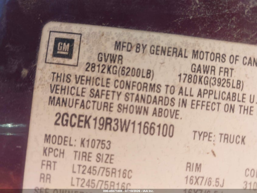 1998 Chevrolet C/k 1500 VIN 2GCEK19R3W1166100 IAAI salvage auction — NORMAL WEAR, Original (Texas), sold $550 on 2026-07-16 (photo 9)