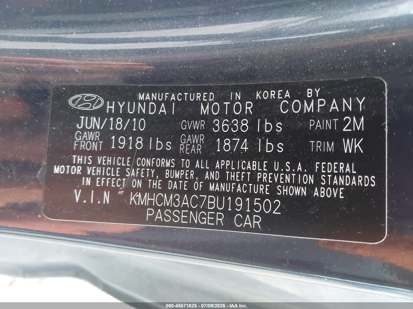 2011 Hyundai Accent VIN KMHCM3AC7BU191502 IAAI salvage auction — NORMAL WEAR, Clear (Pennsylvania), sold $325 on 2026-07-17 (photo 9)