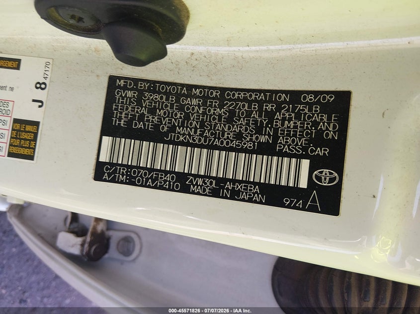 2010 Toyota Prius VIN JTDKN3DU7A0045981 IAAI salvage auction — NORMAL WEAR, Clear (New Mexico), sold $1,150 on 2026-07-29 (photo 9)