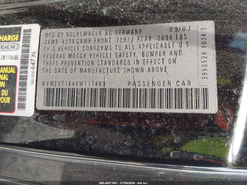 2008 Volkswagen Gti VIN WVWEV71K48W117489 IAAI salvage auction — NORMAL WEAR, Clear (Tennessee), sold $500 on 2026-07-23 (photo 9)