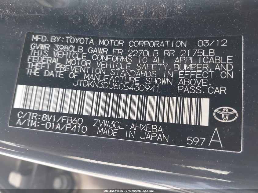 2012 Toyota Prius VIN JTDKN3DU6C5430941 IAAI salvage auction — NORMAL WEAR, Clear (Florida), sold $1,675 on 2026-07-29 (photo 9)