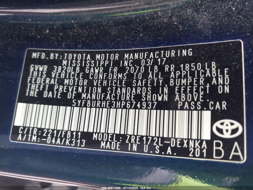 2017 Toyota Corolla VIN 5YFBURHE3HP674937 IAAI salvage auction — RIGHT REAR, Salvage Title, sold $2,050 on 2026-07-20 (photo 9)