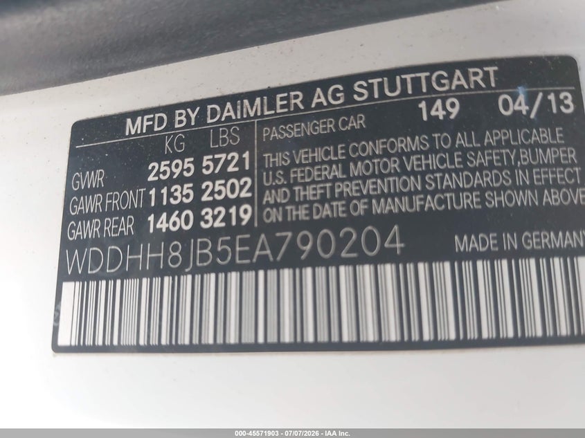 2014 Mercedes-benz E-class VIN WDDHH8JB5EA790204 IAAI salvage auction — UNKNOWN, Clear - Dealer Only (California), sold $4,025 on 2026-07-22 (photo 9)