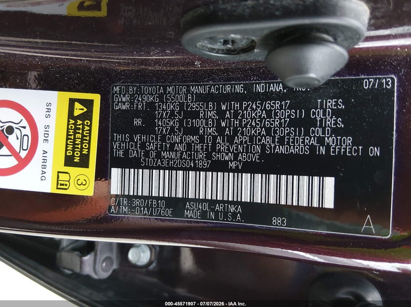 2013 Toyota Highlander VIN 5TDZA3EH2DS041897 IAAI salvage auction — NORMAL WEAR, Clear (Indiana), sold $3,200 on 2026-07-29 (photo 9)