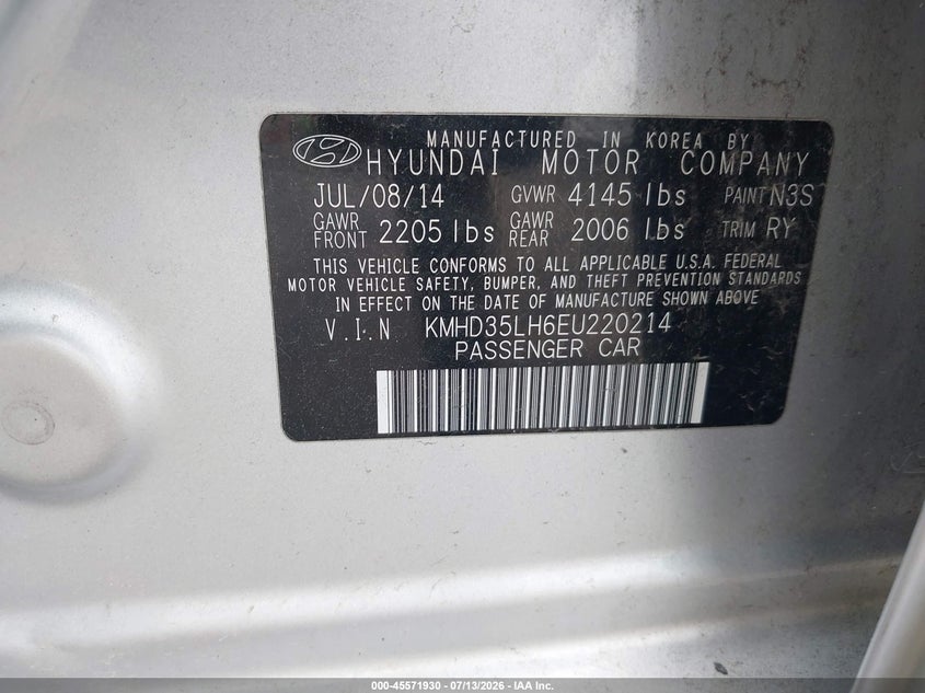 2014 Hyundai Elantra VIN KMHD35LH6EU220214 IAAI salvage auction — LEFT SIDE, Salvage (Texas), sold $1,050 on 2026-07-29 (photo 9)