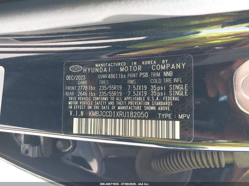 2024 Hyundai Tucson VIN KM8JCCD1XRU182050 IAAI salvage auction — FRONT END, Original (Texas), sold $9,500 on 2026-08-22 (photo 9)