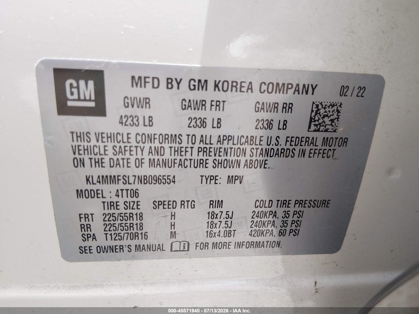 2022 Buick Encore gx VIN KL4MMFSL7NB096554 IAAI salvage auction — FRONT END, Salvage Title, sold $225 on 2026-07-30 (photo 9)