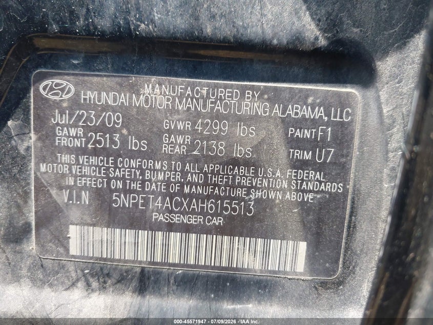 2010 Hyundai Sonata VIN 5NPET4ACXAH615513 IAAI salvage auction — NORMAL WEAR, Original (Ohio), sold $50 on 2026-07-23 (photo 7)