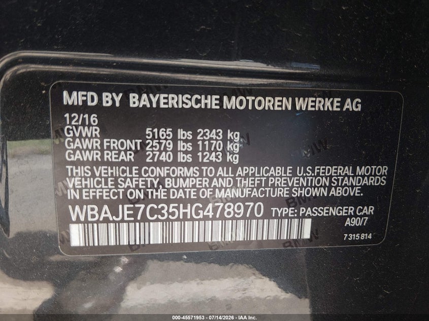 2017 BMW 5er VIN WBAJE7C35HG478970 IAAI salvage auction — LEFT & RIGHT, Clear (Florida), sold $7,200 on 2026-07-30 (photo 9)
