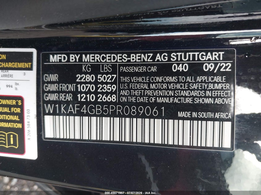 2023 Mercedes-benz C-klasse VIN W1KAF4GB5PR089061 IAAI salvage auction — FRONT END, Clear (Florida), sold $3,825 on 2026-07-29 (photo 9)