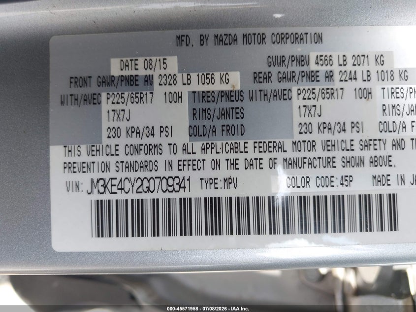 2016 Mazda Cx-5 VIN JM3KE4CY2G0709341 IAAI salvage auction — NORMAL WEAR, Clear (Pennsylvania), sold $2,150 on 2026-07-15 (photo 9)