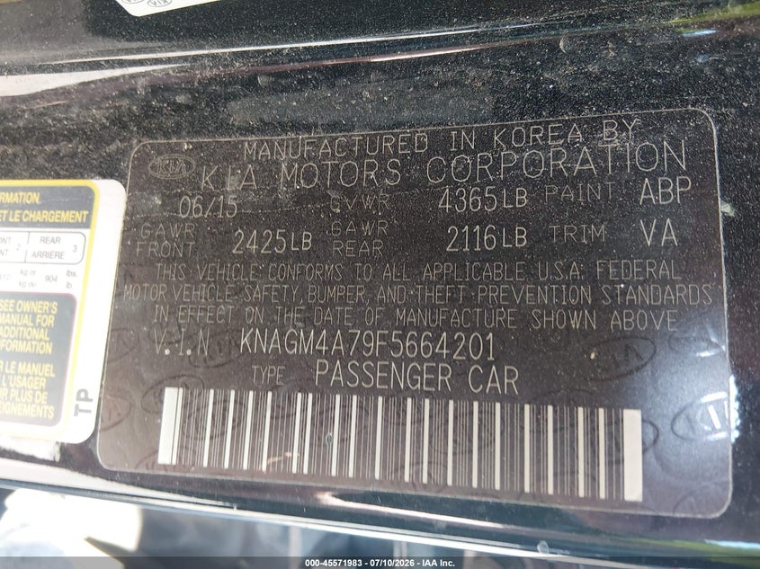 2015 Kia Optima VIN KNAGM4A79F5664201 IAAI salvage auction — THEFT, Salvage (North Carolina), sold $675 on 2026-07-29 (photo 9)