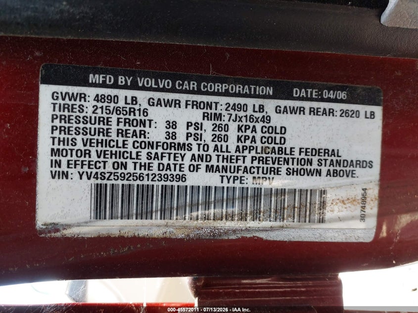 2006 Volvo Xc70 VIN YV4SZ592561239396 IAAI salvage auction — NORMAL WEAR, Clear (New Jersey), sold $425 on 2026-07-30 (photo 9)