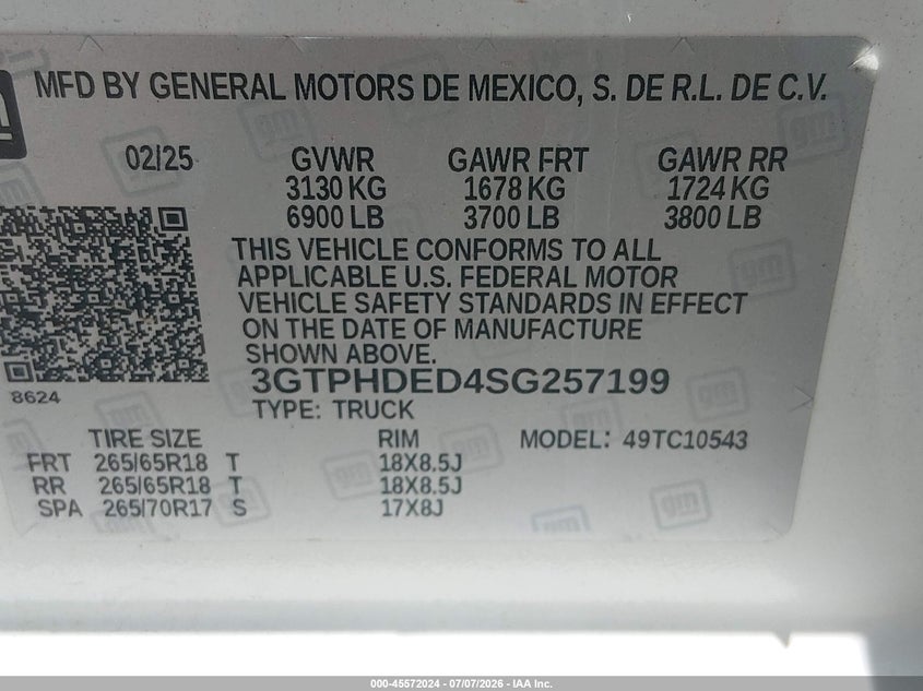 2025 Gmc SIERRA VIN 3GTPHDED4SG257199 IAAI salvage auction — REAR END, Salvage Title, sold $27,350 on 2026-07-14 (photo 9)
