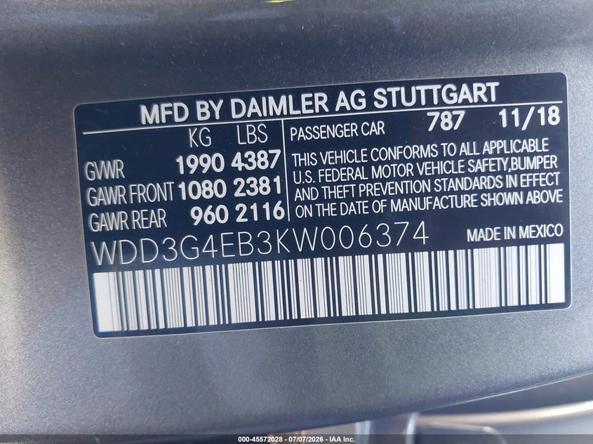 2019 Mercedes-benz A-klasse VIN WDD3G4EB3KW006374 IAAI salvage auction — LEFT REAR, Salvage (California), sold $6,600 on 2026-07-30 (photo 9)