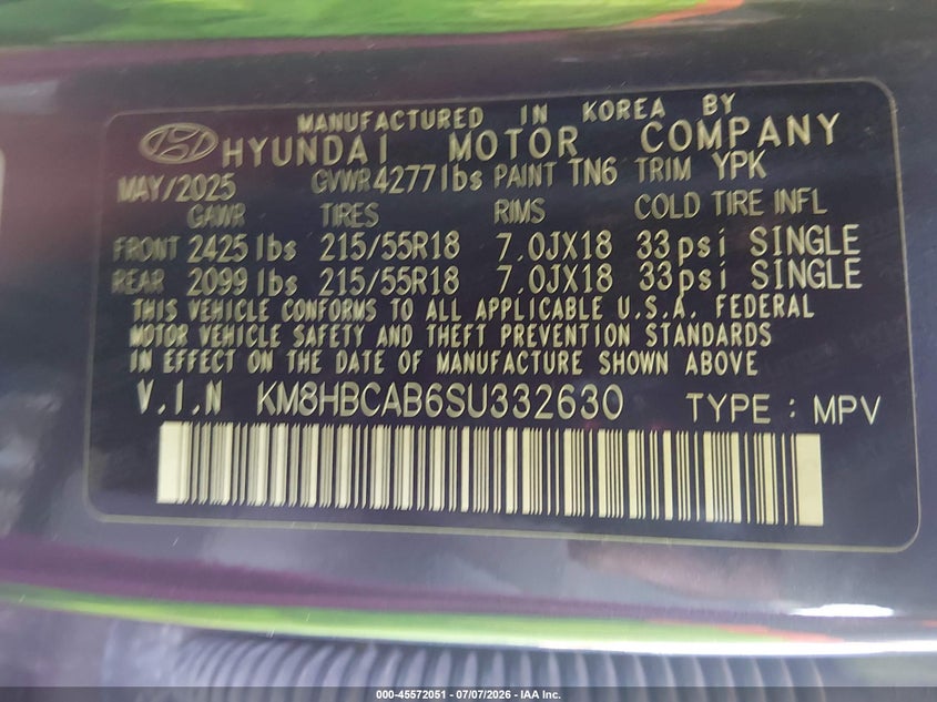 2025 Hyundai Kona VIN KM8HBCAB6SU332630 IAAI salvage auction — REAR END, Salvage Title, sold $12,600 on 2026-07-28 (photo 9)