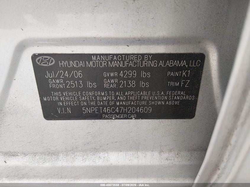 2007 Hyundai Sonata VIN 5NPET46C47H204609 IAAI salvage auction — FRONT END, Clear (Virginia), sold $350 on 2026-07-24 (photo 9)