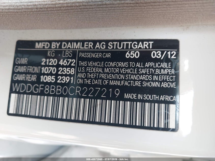 2012 Mercedes-benz C-klasse VIN WDDGF8BB0CR227219 IAAI salvage auction — NORMAL WEAR, Clear-Dealer Only (Michigan), sold $1,100 on 2026-07-20 (photo 9)