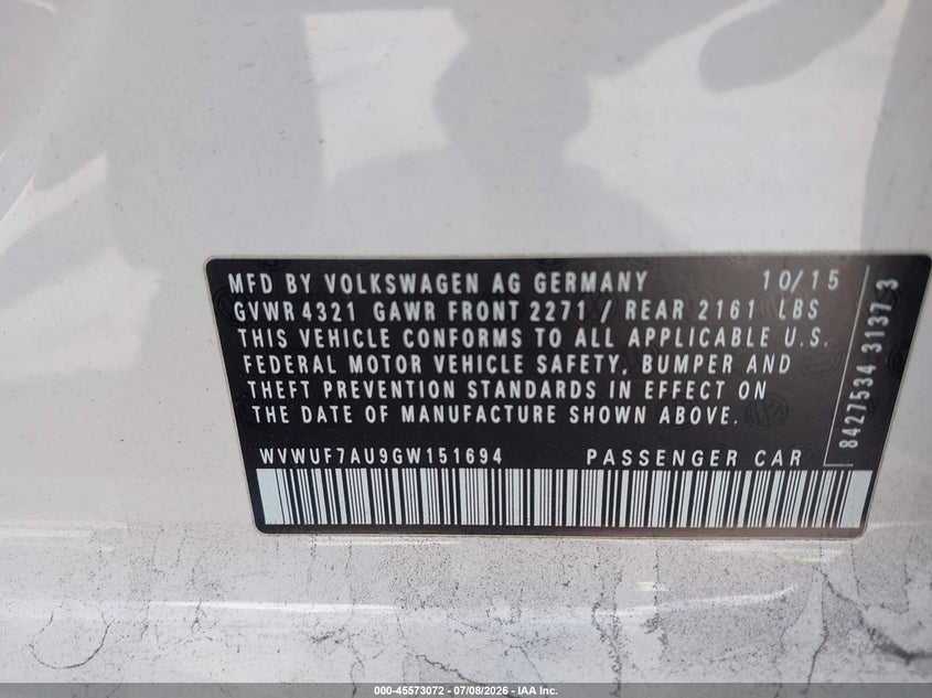 2016 Volkswagen Golf r VIN WVWUF7AU9GW151694 IAAI salvage auction — REAR END, Rebuildable (Florida), sold $6,550 on 2026-08-11 (photo 9)