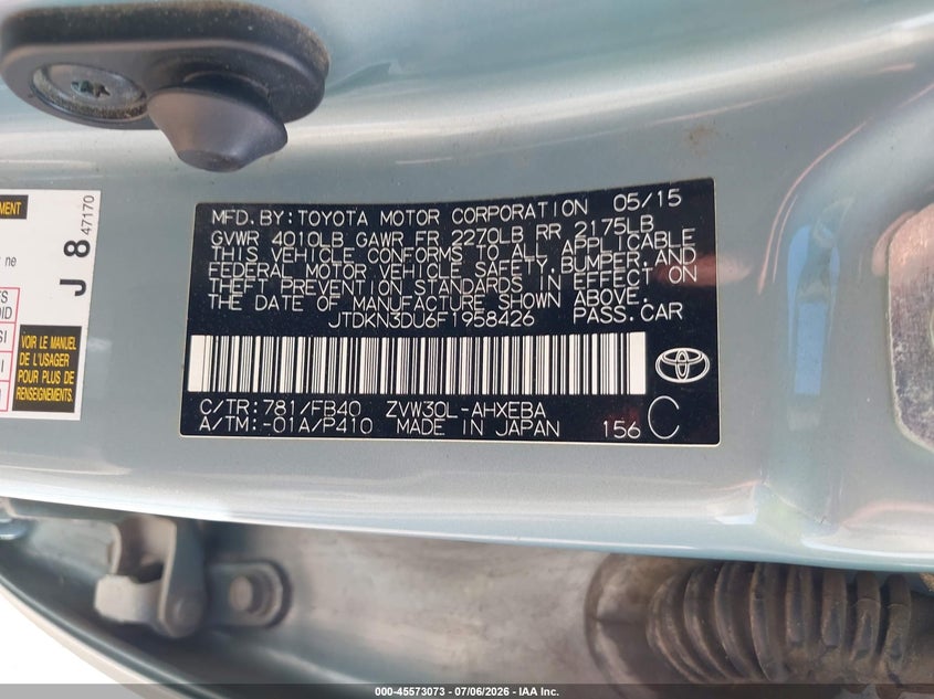 2015 Toyota Prius VIN JTDKN3DU6F1958426 IAAI salvage auction — NORMAL WEAR, Salvage Title, sold $2,050 on 2026-07-29 (photo 9)