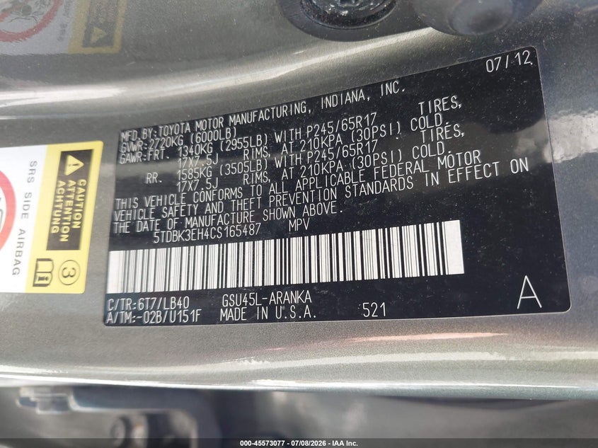 2012 Toyota Highlander VIN 5TDBK3EH4CS165487 IAAI salvage auction — FRONT END, Mv-907A (New York), sold $2,900 on 2026-07-15 (photo 9)
