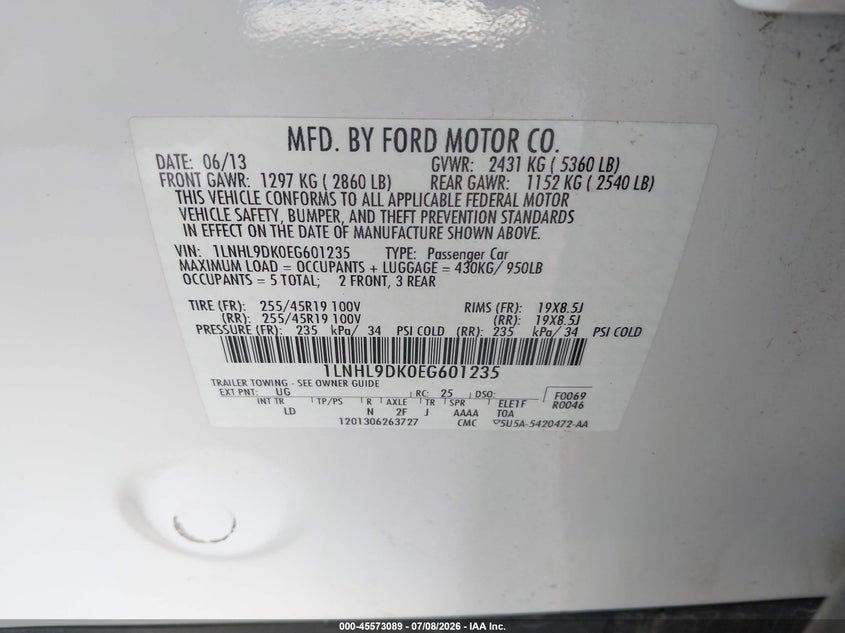 2014 Lincoln Mks VIN 1LNHL9DK0EG601235 IAAI salvage auction — REAR END, Salvage Title, sold $1,850 on 2026-08-01 (photo 9)