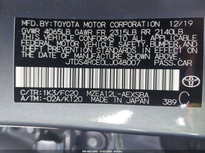 2020 Toyota Corolla VIN JTDS4RCE0LJ048007 IAAI salvage auction — FRONT END, Salvage Title, sold $1,300 on 2026-07-29 (photo 9)