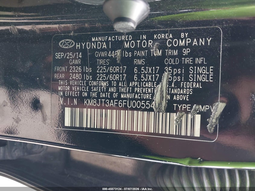 2015 Hyundai Tucson VIN KM8JT3AF6FU005541 IAAI salvage auction — NORMAL WEAR, Original (Texas), sold $1,000 on 2026-07-16 (photo 9)